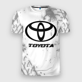 Мужская футболка 3D Slim с принтом Toyota speed на светлом фоне со следами шин в Новосибирске, 100% полиэстер с улучшенными характеристиками | приталенный силуэт, круглая горловина, широкие плечи, сужается к линии бедра | Тематика изображения на принте: 