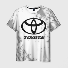 Мужская футболка 3D с принтом Toyota speed на светлом фоне со следами шин в Новосибирске, 100% полиэфир | прямой крой, круглый вырез горловины, длина до линии бедер | 