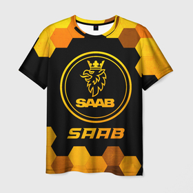 Мужская футболка 3D с принтом Saab   gold gradient , 100% полиэфир | прямой крой, круглый вырез горловины, длина до линии бедер | Тематика изображения на принте: 