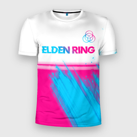 Мужская футболка 3D Slim с принтом Elden Ring neon gradient style: символ сверху в Екатеринбурге, 100% полиэстер с улучшенными характеристиками | приталенный силуэт, круглая горловина, широкие плечи, сужается к линии бедра | 