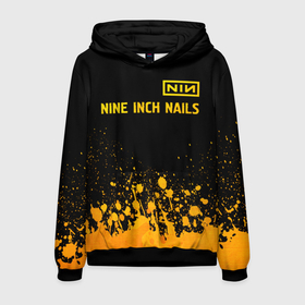 Мужская толстовка 3D с принтом Nine Inch Nails   gold gradient: символ сверху в Белгороде, 100% полиэстер | двухслойный капюшон со шнурком для регулировки, мягкие манжеты на рукавах и по низу толстовки, спереди карман-кенгуру с мягким внутренним слоем. | Тематика изображения на принте: 