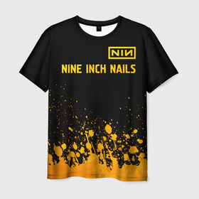 Мужская футболка 3D с принтом Nine Inch Nails   gold gradient: символ сверху в Белгороде, 100% полиэфир | прямой крой, круглый вырез горловины, длина до линии бедер | Тематика изображения на принте: 