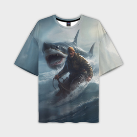 Мужская футболка oversize 3D с принтом Мужчина уплывает от акулы на обломках лодки в Тюмени,  |  | 