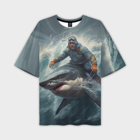 Мужская футболка oversize 3D с принтом Мужчина верхом на акуле в Тюмени,  |  | 