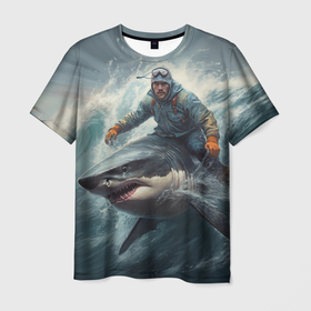 Мужская футболка 3D с принтом Мужчина верхом на акуле в Санкт-Петербурге, 100% полиэфир | прямой крой, круглый вырез горловины, длина до линии бедер | Тематика изображения на принте: 