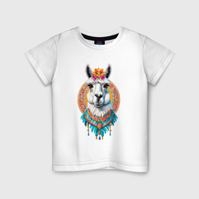 Детская футболка хлопок с принтом Красивая лама с цветами и перьями в Екатеринбурге, 100% хлопок | круглый вырез горловины, полуприлегающий силуэт, длина до линии бедер | Тематика изображения на принте: 
