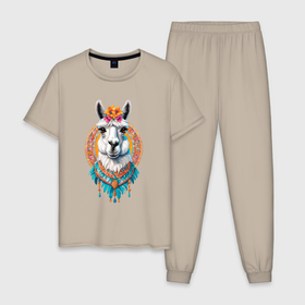 Мужская пижама хлопок с принтом Красивая лама с цветами и перьями , 100% хлопок | брюки и футболка прямого кроя, без карманов, на брюках мягкая резинка на поясе и по низу штанин
 | 