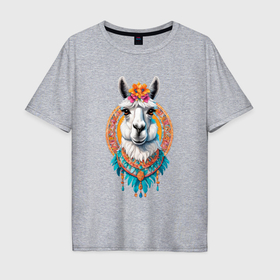 Мужская футболка хлопок Oversize с принтом Красивая лама с цветами и перьями в Екатеринбурге, 100% хлопок | свободный крой, круглый ворот, “спинка” длиннее передней части | 
