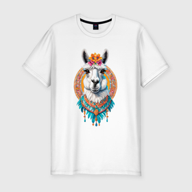 Мужская футболка хлопок Slim с принтом Красивая лама с цветами и перьями в Санкт-Петербурге, 92% хлопок, 8% лайкра | приталенный силуэт, круглый вырез ворота, длина до линии бедра, короткий рукав | 