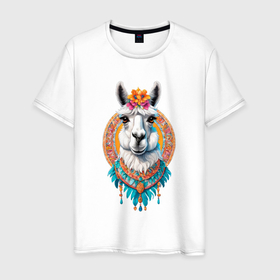 Мужская футболка хлопок с принтом Красивая лама с цветами и перьями в Екатеринбурге, 100% хлопок | прямой крой, круглый вырез горловины, длина до линии бедер, слегка спущенное плечо. | 
