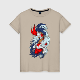 Женская футболка хлопок с принтом Японские рыбки   карпы кои в Петрозаводске, 100% хлопок | прямой крой, круглый вырез горловины, длина до линии бедер, слегка спущенное плечо | 
