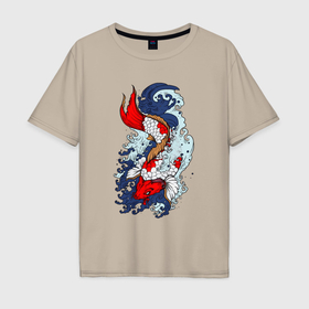 Мужская футболка хлопок Oversize с принтом Японские рыбки   карпы кои в Петрозаводске, 100% хлопок | свободный крой, круглый ворот, “спинка” длиннее передней части | Тематика изображения на принте: 