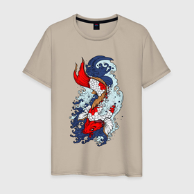 Мужская футболка хлопок с принтом Японские рыбки   карпы кои в Екатеринбурге, 100% хлопок | прямой крой, круглый вырез горловины, длина до линии бедер, слегка спущенное плечо. | 