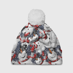 Шапка 3D c помпоном с принтом Зимний паттерн со снеговиками , 100% полиэстер | универсальный размер, печать по всей поверхности изделия | 