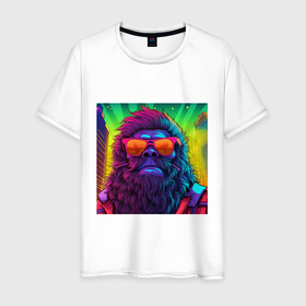 Мужская футболка хлопок с принтом Бигфут в свете неона в Екатеринбурге, 100% хлопок | прямой крой, круглый вырез горловины, длина до линии бедер, слегка спущенное плечо. | 