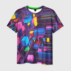 Мужская футболка 3D с принтом Пространство с кубами в Екатеринбурге, 100% полиэфир | прямой крой, круглый вырез горловины, длина до линии бедер | 