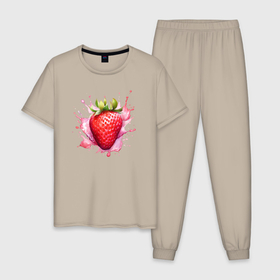 Мужская пижама хлопок с принтом Клубника в розовых брызгах в Санкт-Петербурге, 100% хлопок | брюки и футболка прямого кроя, без карманов, на брюках мягкая резинка на поясе и по низу штанин
 | 