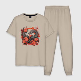 Мужская пижама хлопок с принтом Дракон в розах в Тюмени, 100% хлопок | брюки и футболка прямого кроя, без карманов, на брюках мягкая резинка на поясе и по низу штанин
 | 