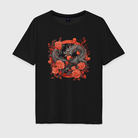 Мужская футболка хлопок Oversize с принтом Дракон в розах в Кировске, 100% хлопок | свободный крой, круглый ворот, “спинка” длиннее передней части | 