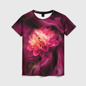 Женская футболка 3D с принтом Розовый цветок в огне   нейросеть , 100% полиэфир ( синтетическое хлопкоподобное полотно) | прямой крой, круглый вырез горловины, длина до линии бедер | 