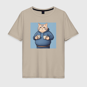 Мужская футболка хлопок Oversize с принтом Котик кофеман в толстовке в Петрозаводске, 100% хлопок | свободный крой, круглый ворот, “спинка” длиннее передней части | 