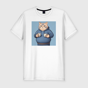 Мужская футболка хлопок Slim с принтом Котик кофеман в толстовке в Екатеринбурге, 92% хлопок, 8% лайкра | приталенный силуэт, круглый вырез ворота, длина до линии бедра, короткий рукав | 
