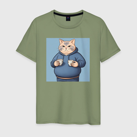 Мужская футболка хлопок с принтом Котик кофеман в толстовке в Кировске, 100% хлопок | прямой крой, круглый вырез горловины, длина до линии бедер, слегка спущенное плечо. | 