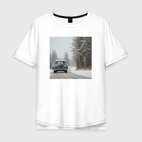 Мужская футболка хлопок Oversize с принтом Ретро авто зимой , 100% хлопок | свободный крой, круглый ворот, “спинка” длиннее передней части | 