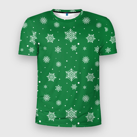 Мужская футболка 3D Slim с принтом Hello winter green snow в Санкт-Петербурге, 100% полиэстер с улучшенными характеристиками | приталенный силуэт, круглая горловина, широкие плечи, сужается к линии бедра | Тематика изображения на принте: 