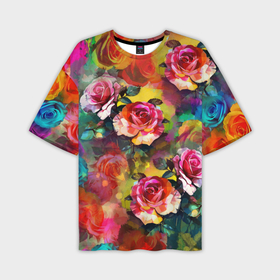 Мужская футболка oversize 3D с принтом Паттерн с розами   яркие цвета ,  |  | Тематика изображения на принте: 