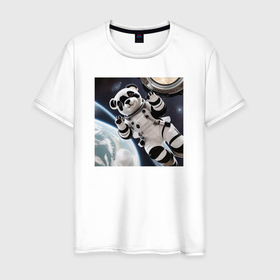 Мужская футболка хлопок с принтом Панда астронавт , 100% хлопок | прямой крой, круглый вырез горловины, длина до линии бедер, слегка спущенное плечо. | 