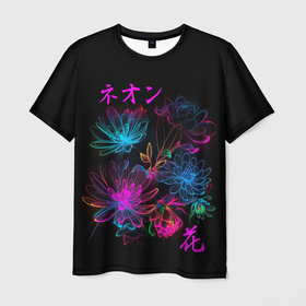 Мужская футболка 3D с принтом Неоновые цветы   японский стиль в Екатеринбурге, 100% полиэфир | прямой крой, круглый вырез горловины, длина до линии бедер | Тематика изображения на принте: 