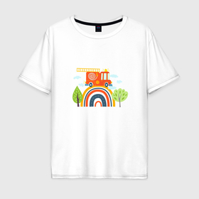 Мужская футболка хлопок Oversize с принтом Пожарная машина едет по радуге в Тюмени, 100% хлопок | свободный крой, круглый ворот, “спинка” длиннее передней части | Тематика изображения на принте: 