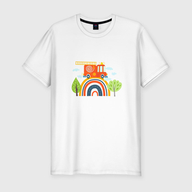 Мужская футболка хлопок Slim с принтом Пожарная машина едет по радуге в Кировске, 92% хлопок, 8% лайкра | приталенный силуэт, круглый вырез ворота, длина до линии бедра, короткий рукав | Тематика изображения на принте: 