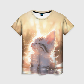 Женская футболка 3D с принтом Счастливый котёнок , 100% полиэфир ( синтетическое хлопкоподобное полотно) | прямой крой, круглый вырез горловины, длина до линии бедер | 
