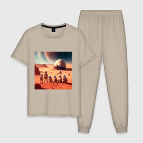 Мужская пижама хлопок с принтом Вечер на марсе в Новосибирске, 100% хлопок | брюки и футболка прямого кроя, без карманов, на брюках мягкая резинка на поясе и по низу штанин
 | 