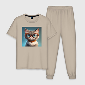 Мужская пижама хлопок с принтом Серьезный котик в очках , 100% хлопок | брюки и футболка прямого кроя, без карманов, на брюках мягкая резинка на поясе и по низу штанин
 | Тематика изображения на принте: 