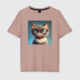 Мужская футболка хлопок Oversize с принтом Серьезный котик в очках в Екатеринбурге, 100% хлопок | свободный крой, круглый ворот, “спинка” длиннее передней части | 