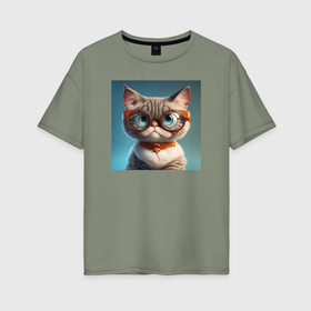 Женская футболка хлопок Oversize с принтом Серьезный котик в очках , 100% хлопок | свободный крой, круглый ворот, спущенный рукав, длина до линии бедер
 | Тематика изображения на принте: 