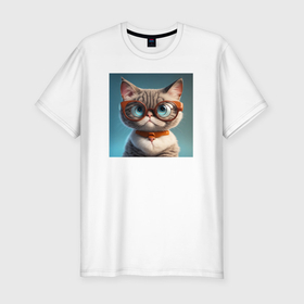 Мужская футболка хлопок Slim с принтом Серьезный котик в очках , 92% хлопок, 8% лайкра | приталенный силуэт, круглый вырез ворота, длина до линии бедра, короткий рукав | Тематика изображения на принте: 