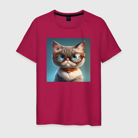 Мужская футболка хлопок с принтом Серьезный котик в очках , 100% хлопок | прямой крой, круглый вырез горловины, длина до линии бедер, слегка спущенное плечо. | Тематика изображения на принте: 