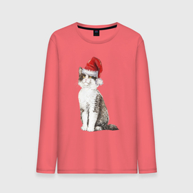 Мужской лонгслив хлопок с принтом Пятнистый кот в новогодней шапочке в Тюмени, 100% хлопок |  | Тематика изображения на принте: 