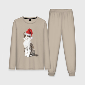 Мужская пижама с лонгсливом хлопок с принтом Пятнистый кот в новогодней шапочке ,  |  | 