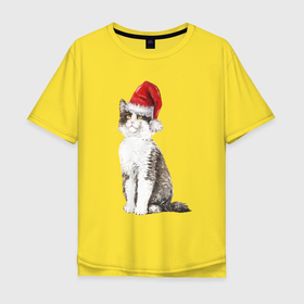 Мужская футболка хлопок Oversize с принтом Пятнистый кот в новогодней шапочке в Екатеринбурге, 100% хлопок | свободный крой, круглый ворот, “спинка” длиннее передней части | Тематика изображения на принте: 