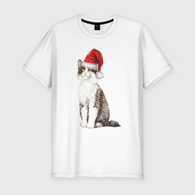 Мужская футболка хлопок Slim с принтом Пятнистый кот в новогодней шапочке в Тюмени, 92% хлопок, 8% лайкра | приталенный силуэт, круглый вырез ворота, длина до линии бедра, короткий рукав | Тематика изображения на принте: 