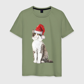 Мужская футболка хлопок с принтом Пятнистый кот в новогодней шапочке в Петрозаводске, 100% хлопок | прямой крой, круглый вырез горловины, длина до линии бедер, слегка спущенное плечо. | 