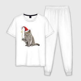 Мужская пижама хлопок с принтом Пушистый котик новогодний в Петрозаводске, 100% хлопок | брюки и футболка прямого кроя, без карманов, на брюках мягкая резинка на поясе и по низу штанин
 | Тематика изображения на принте: 