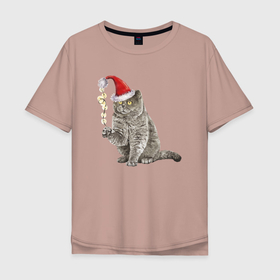 Мужская футболка хлопок Oversize с принтом Пушистый котик новогодний в Петрозаводске, 100% хлопок | свободный крой, круглый ворот, “спинка” длиннее передней части | Тематика изображения на принте: 