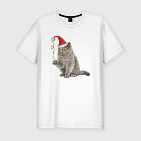Мужская футболка хлопок Slim с принтом Пушистый котик новогодний в Курске, 92% хлопок, 8% лайкра | приталенный силуэт, круглый вырез ворота, длина до линии бедра, короткий рукав | 