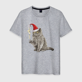 Мужская футболка хлопок с принтом Пушистый котик новогодний в Екатеринбурге, 100% хлопок | прямой крой, круглый вырез горловины, длина до линии бедер, слегка спущенное плечо. | 